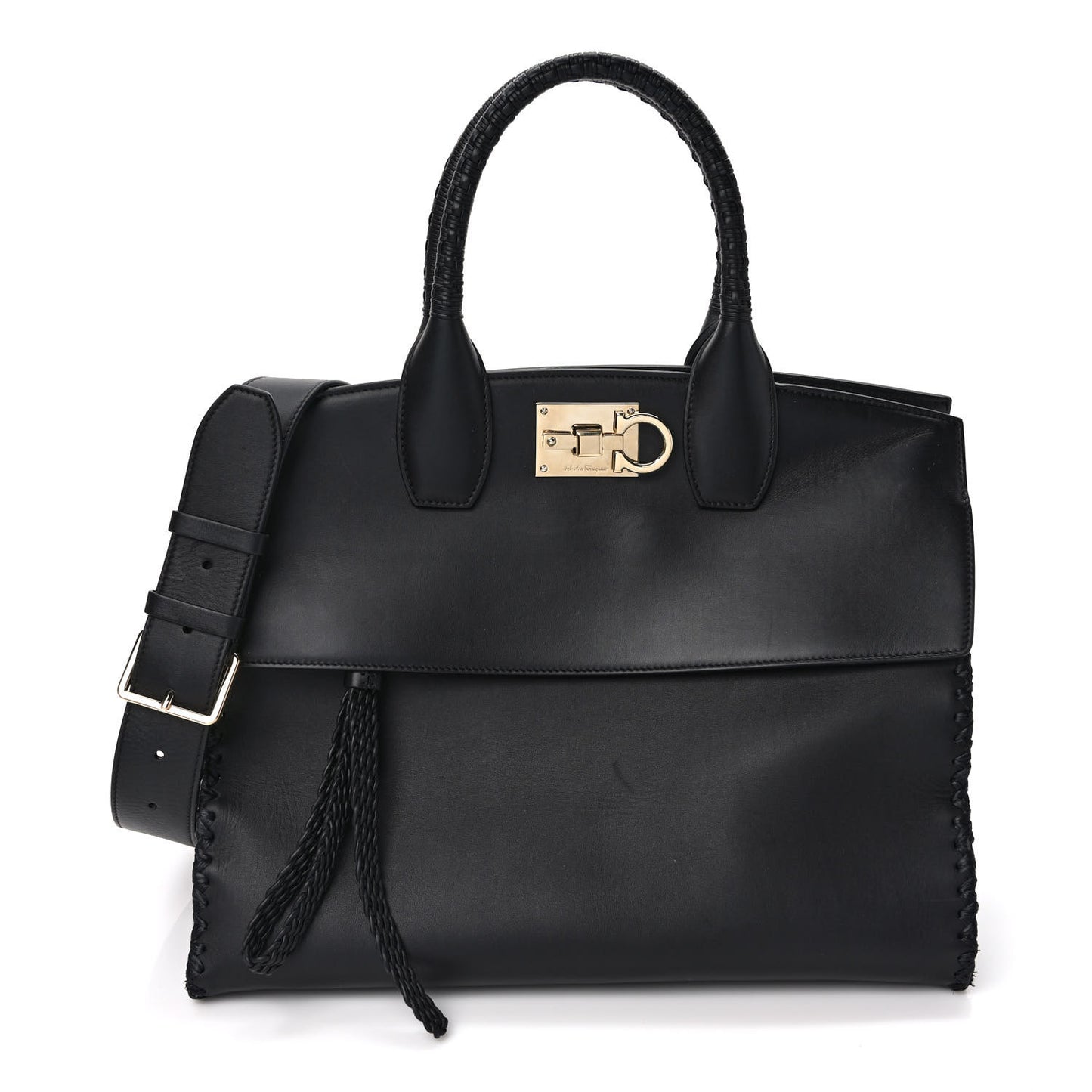 Calfskin Woven Small Studio Top Handle Bag Black