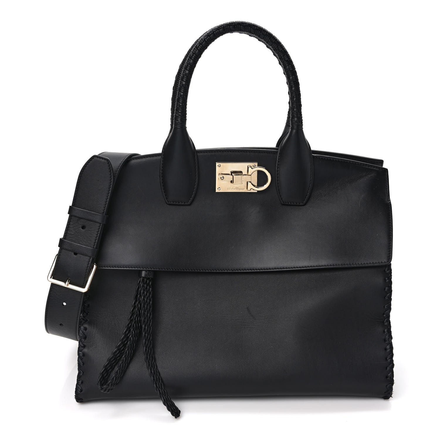 Salvatore Ferragamo Calfskin Woven Small Studio Top Handle Bag Black 3 of 11