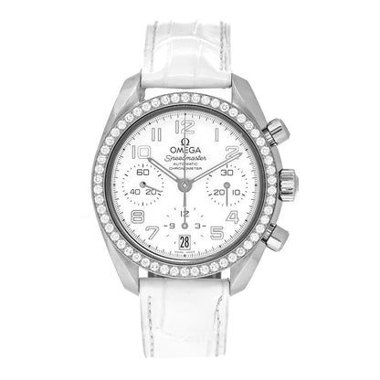 Omega Stainless Steel Alligator Diamond Bezel Mother of Pearl 38mm Speedmaster Chronograph Automatic Watch 324.18.38.40.05.001 1 of 5