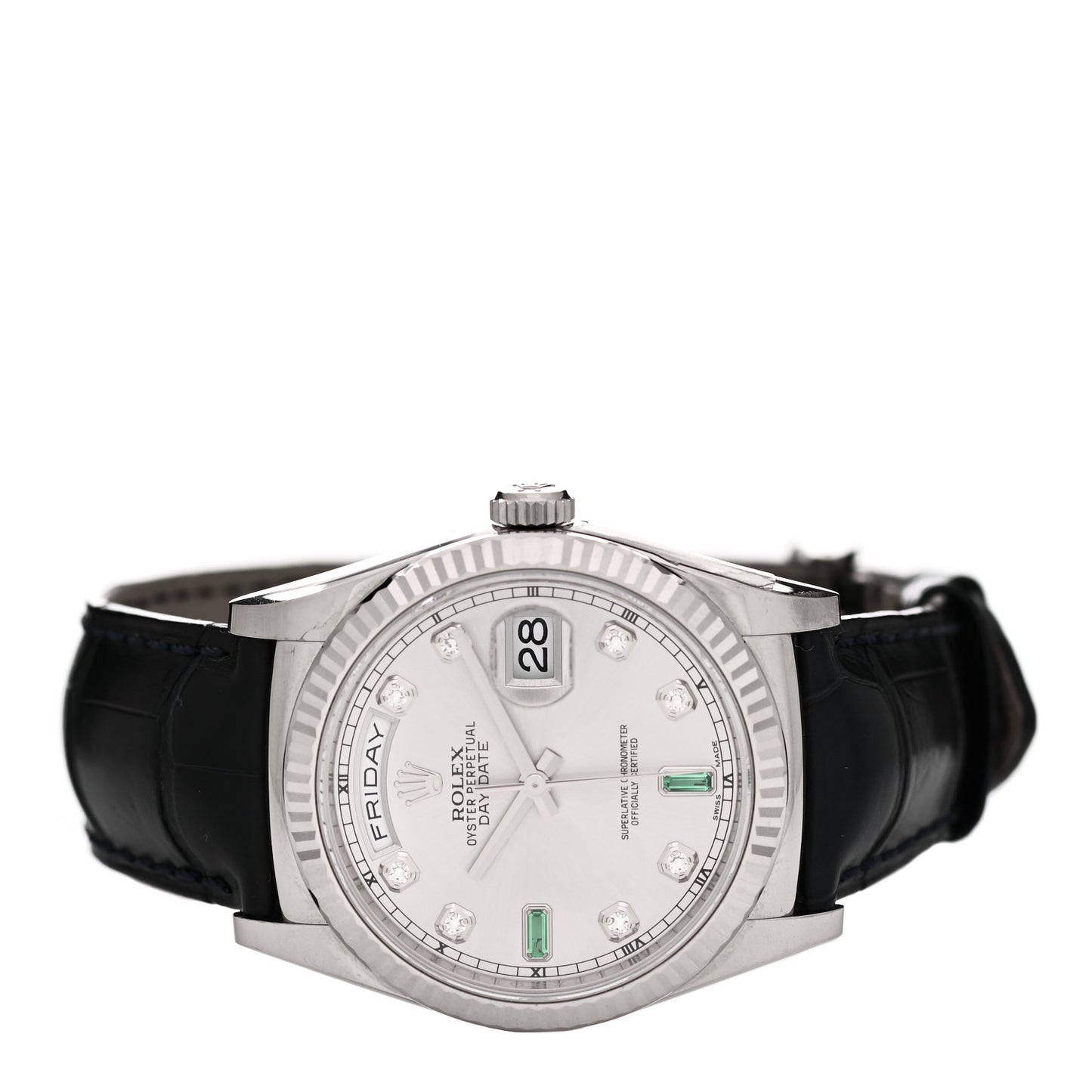 18K White Gold Alligator Diamond Emerald 36mm Day-Date Watch Silver 118139