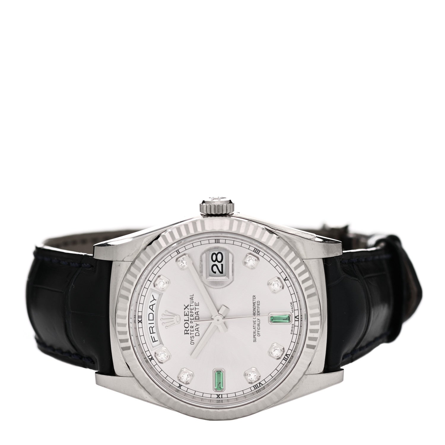 Rolex 18K White Gold Alligator Diamond Emerald 36mm Day-Date Watch Silver 118139 2 of 4