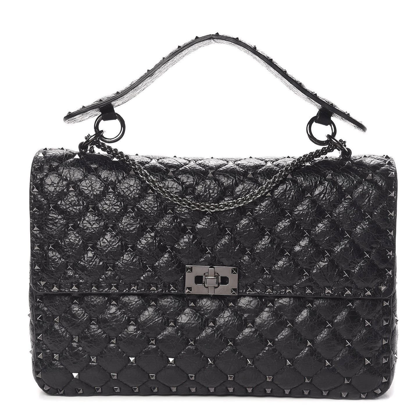 Craquele Nappa Large Rockstud Spike Shoulder Bag Black