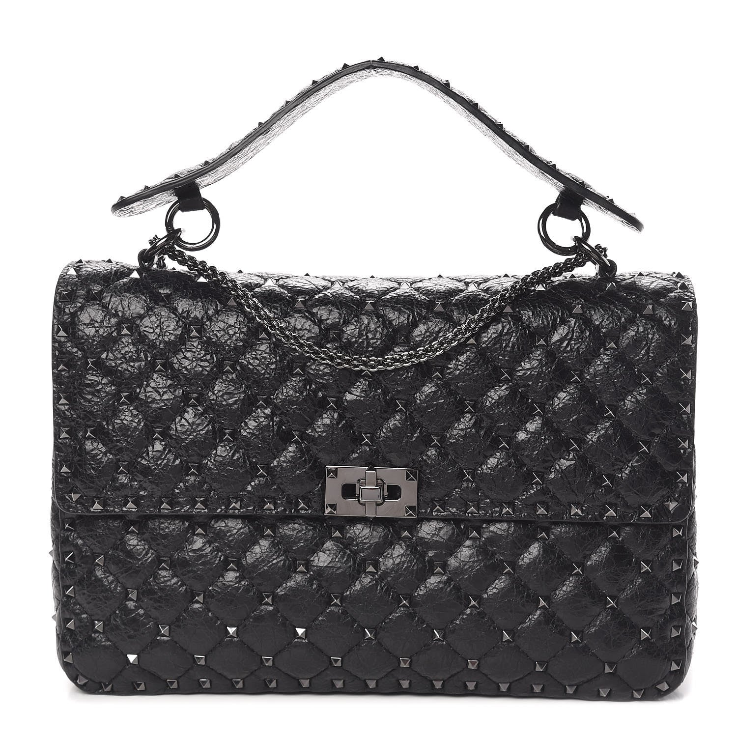 Valentino Garavani Craquele Nappa Large Rockstud Spike Shoulder Bag Black 1 of 10