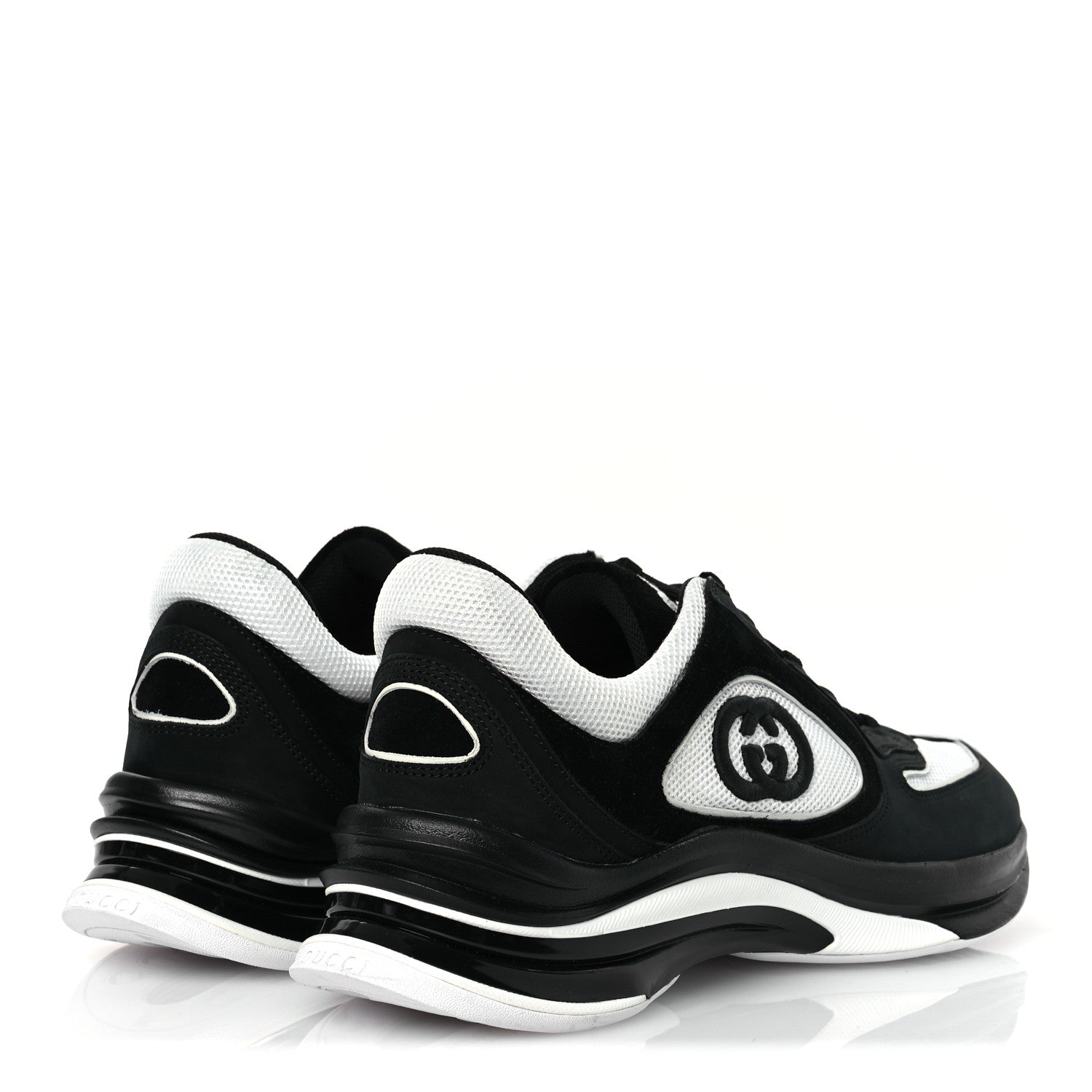 Gucci Technical Knit Fabric Suede Calfskin Mens Gucci Run Sneakers 8.5 Black White 5 of 11