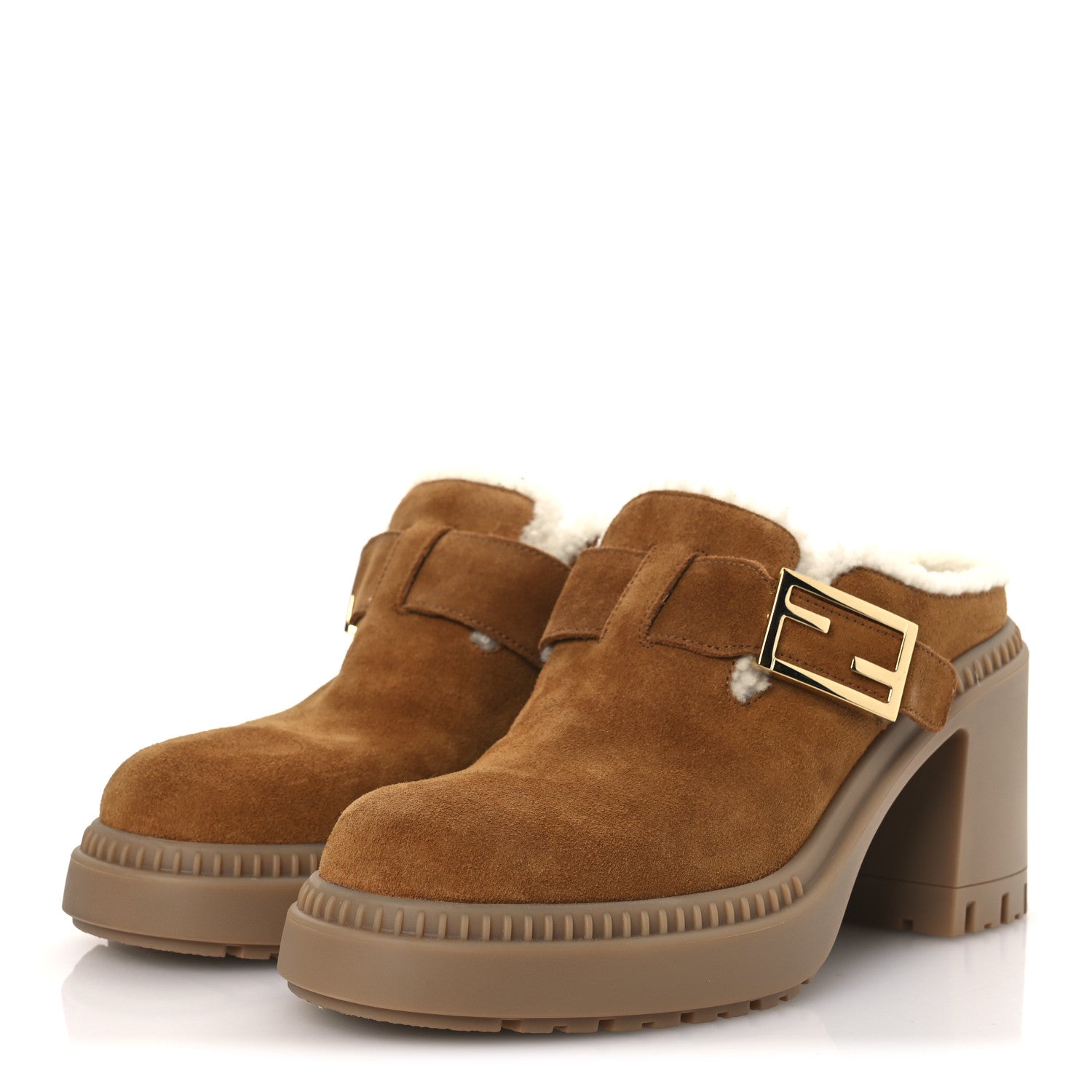 Fendi Suede Shearling Clogs 39.5 Caramel Latte 4 of 11