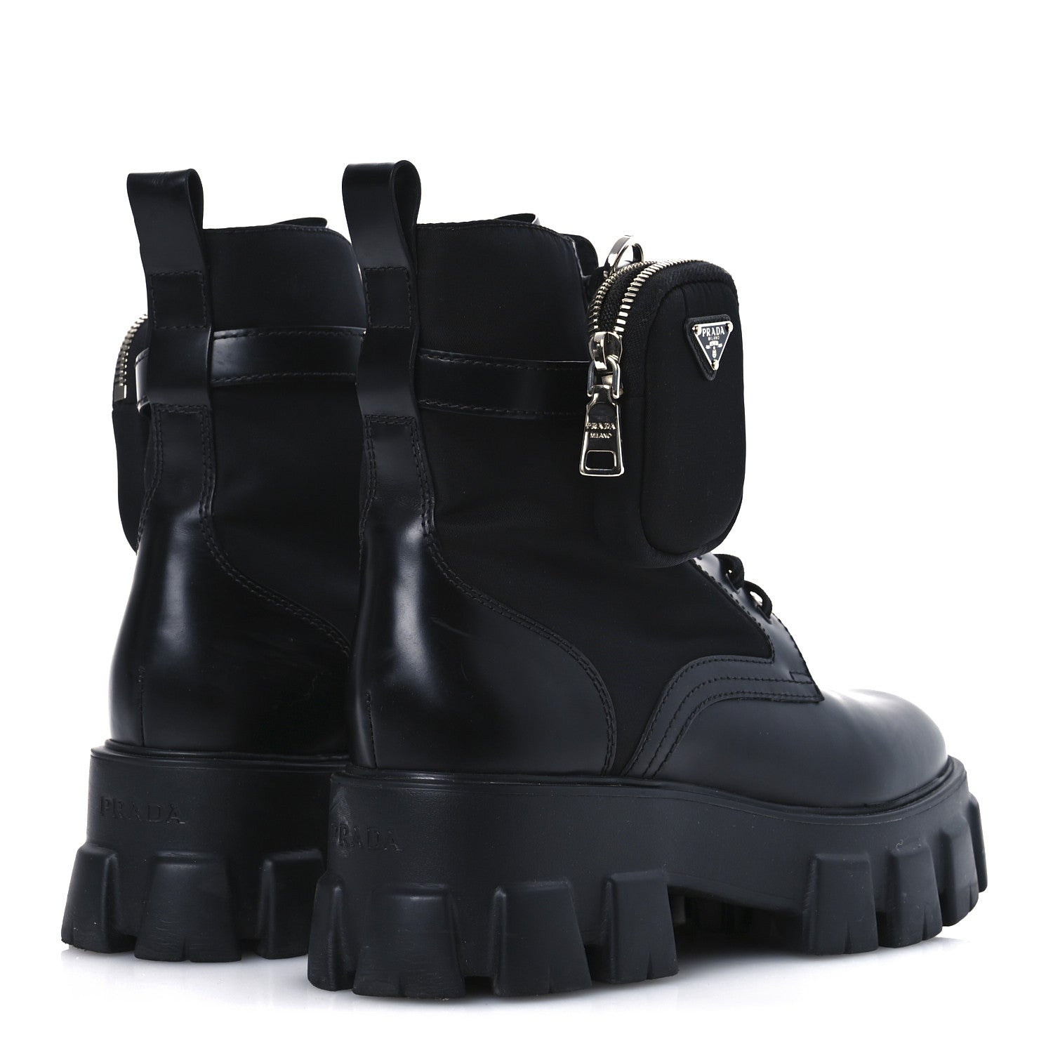 Prada Spazzolato Rois Re-Nylon Metal Triangle Logo Monolith Pouch Pocket 55mm Boots 41 Black 5 of 14
