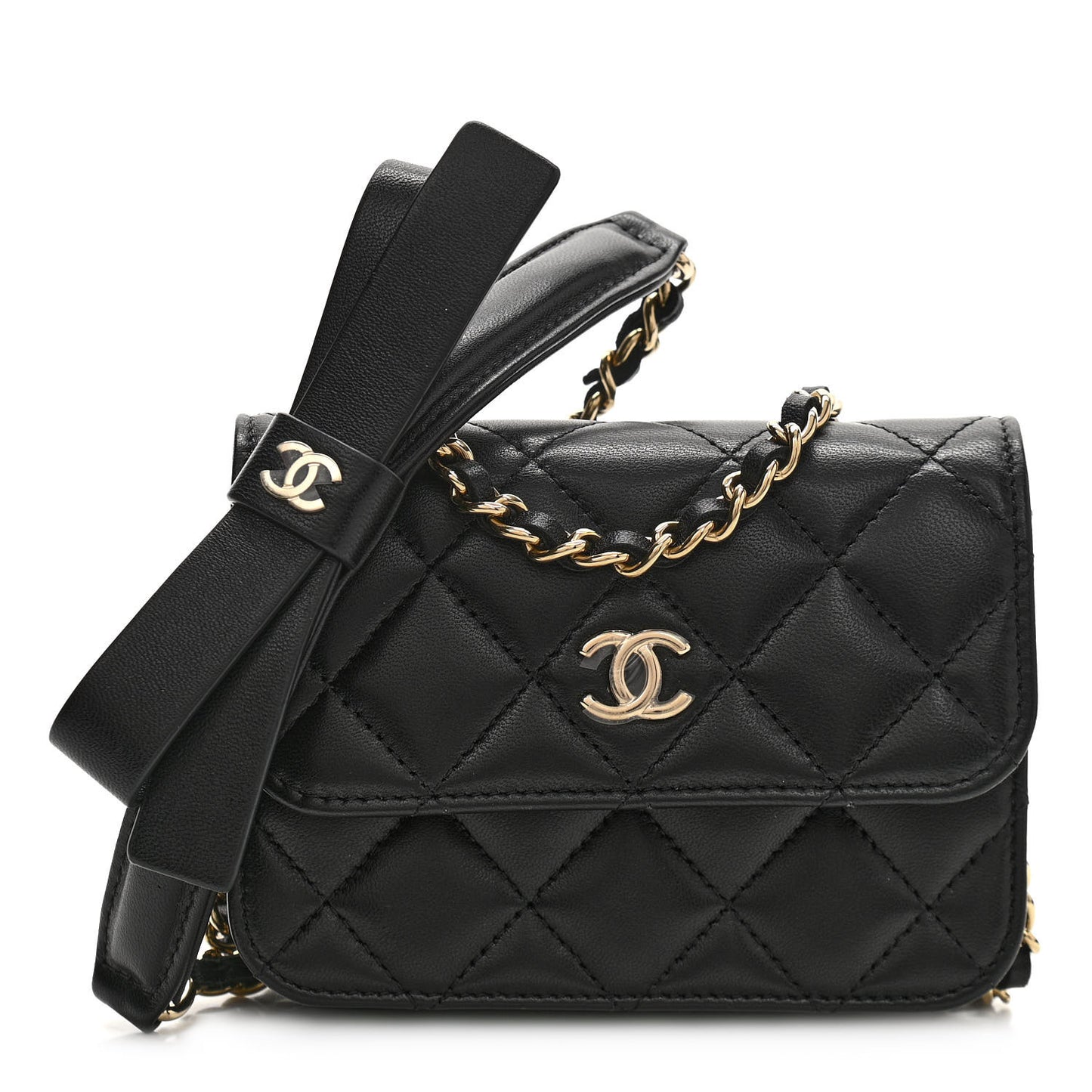 Lambskin Quilted Mini Coco Bow Clutch With Chain Black
