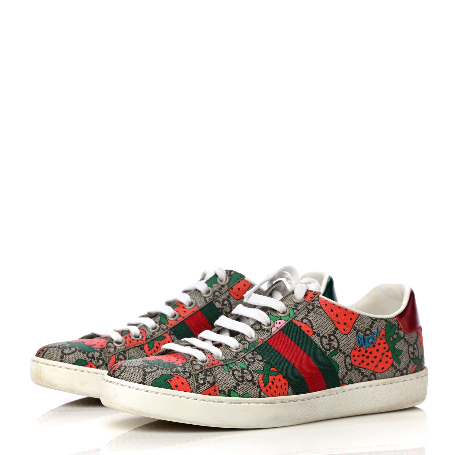 Gucci GG Supreme Monogram Strawberry Web Womens Ace Sneakers 36.5 Beige Multicolor Red Green 3 of 13