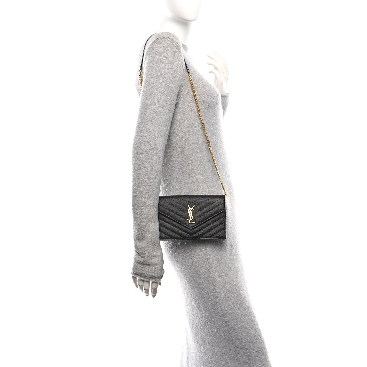 Saint Laurent Grain De Poudre Matelasse Chevron Monogram Envelope Chain Wallet Black 2 of 10