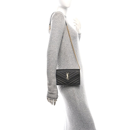 Saint Laurent Grain De Poudre Matelasse Chevron Monogram Envelope Chain Wallet Black 2 of 10