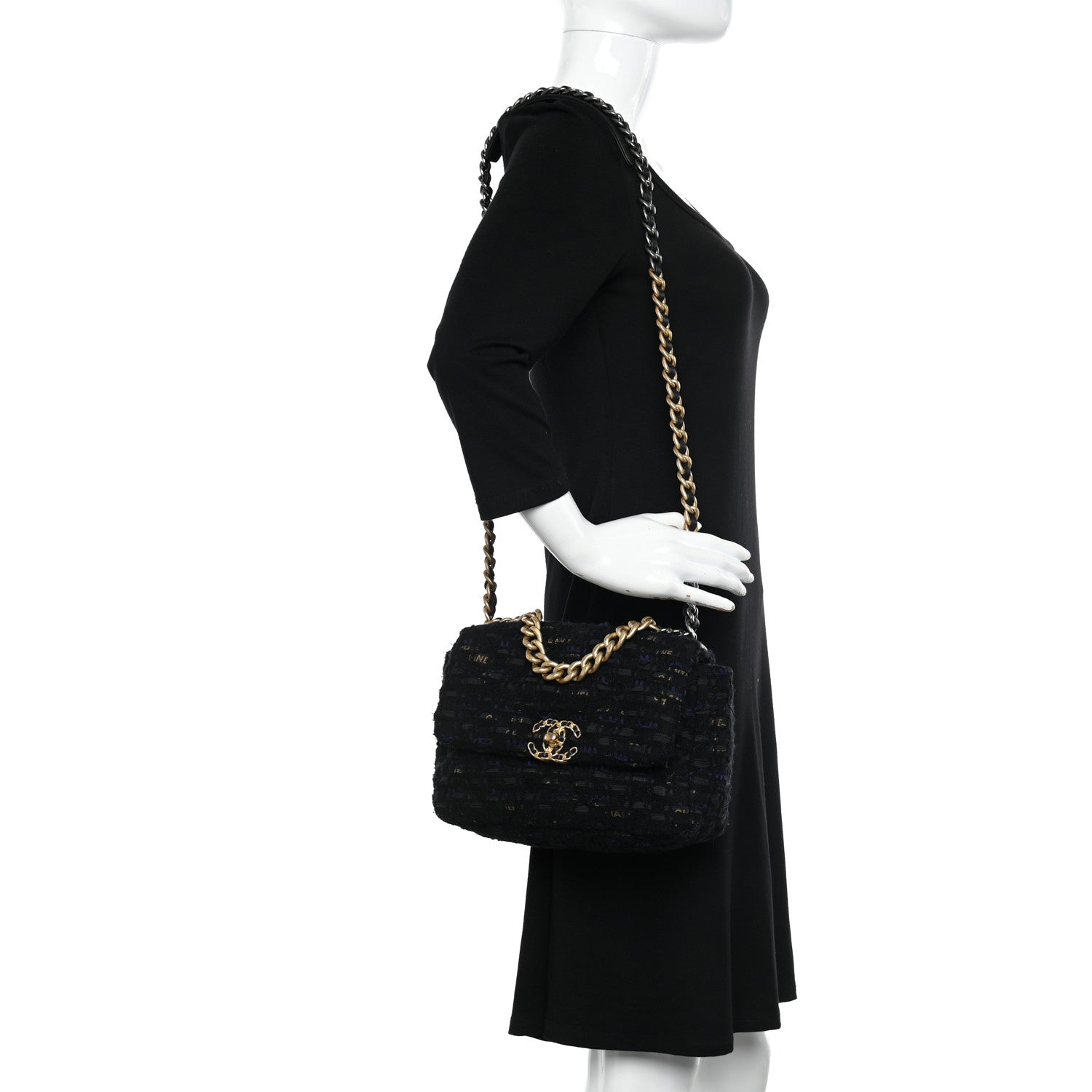 Chanel Tweed Quilted Medium Chanel 19 Flap Black Navy Gold 2 of 11
