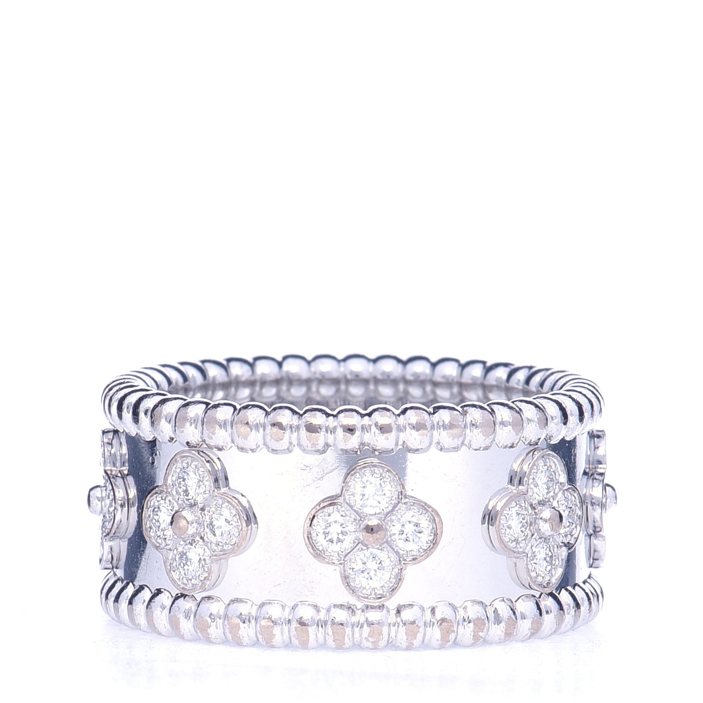 18K White Gold Diamond Medium Perlee Clover Band Ring 57 8