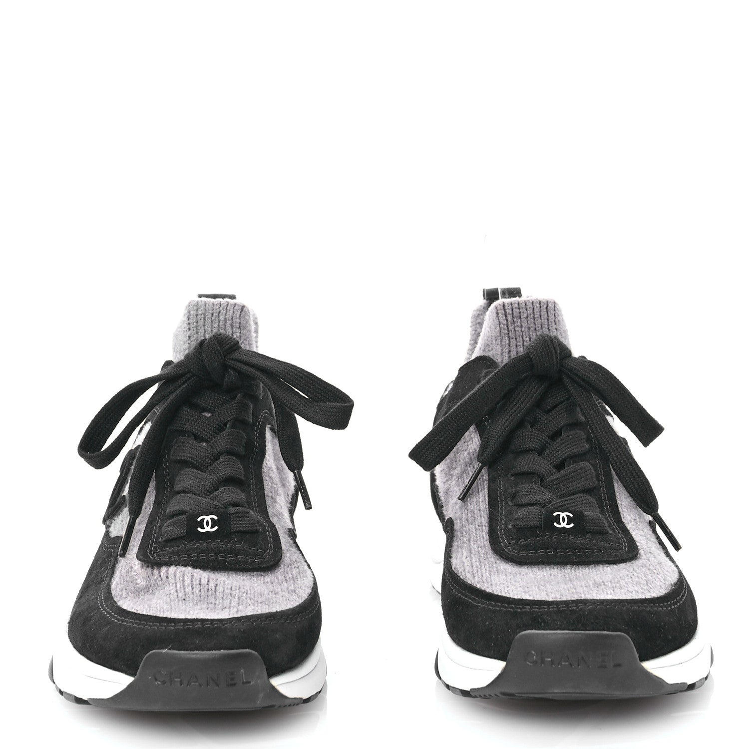Chanel Fabric Suede Calfskin Womens CC Sneakers 37 Grey Black 2 of 7