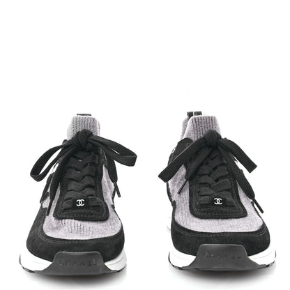 Chanel Fabric Suede Calfskin Womens CC Sneakers 37 Grey Black 2 of 7