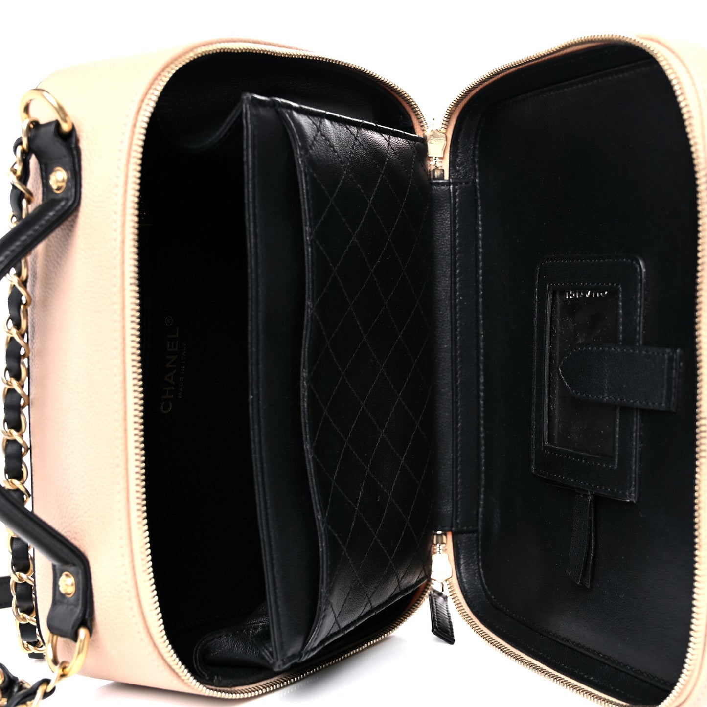 Caviar Quilted Large CC Filigree Vanity Case Beige Black
