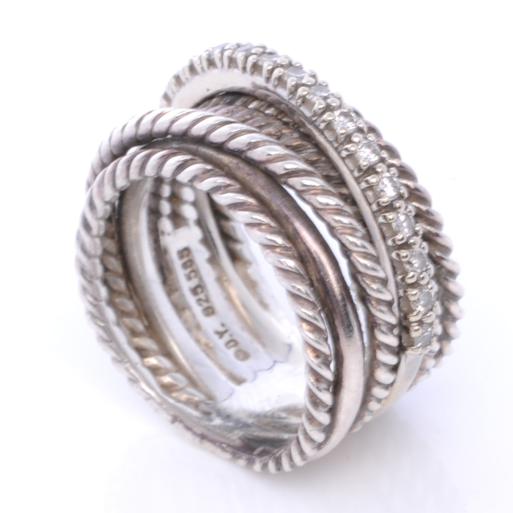David Yurman 14k Sterling Silver Diamond Crossover Cable Ring 4 4 of 5
