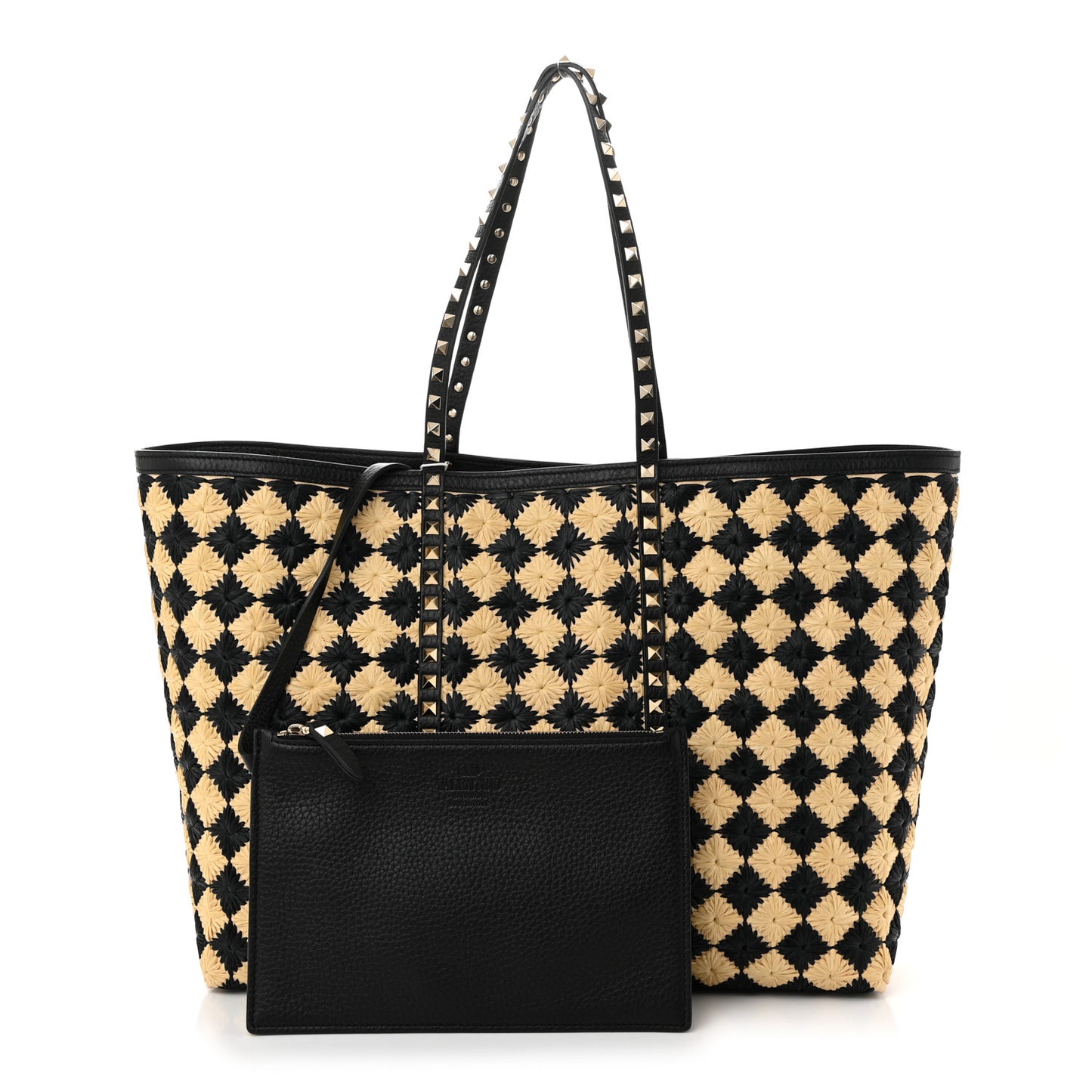 Raffia Embroidered Checkered Calfskin Rockstud Shopping Tote Natural Black