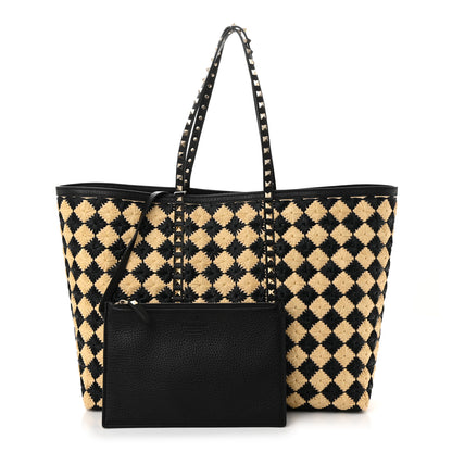 Valentino Garavani Raffia Embroidered Checkered Calfskin Rockstud Shopping Tote Natural Black 3 of 10