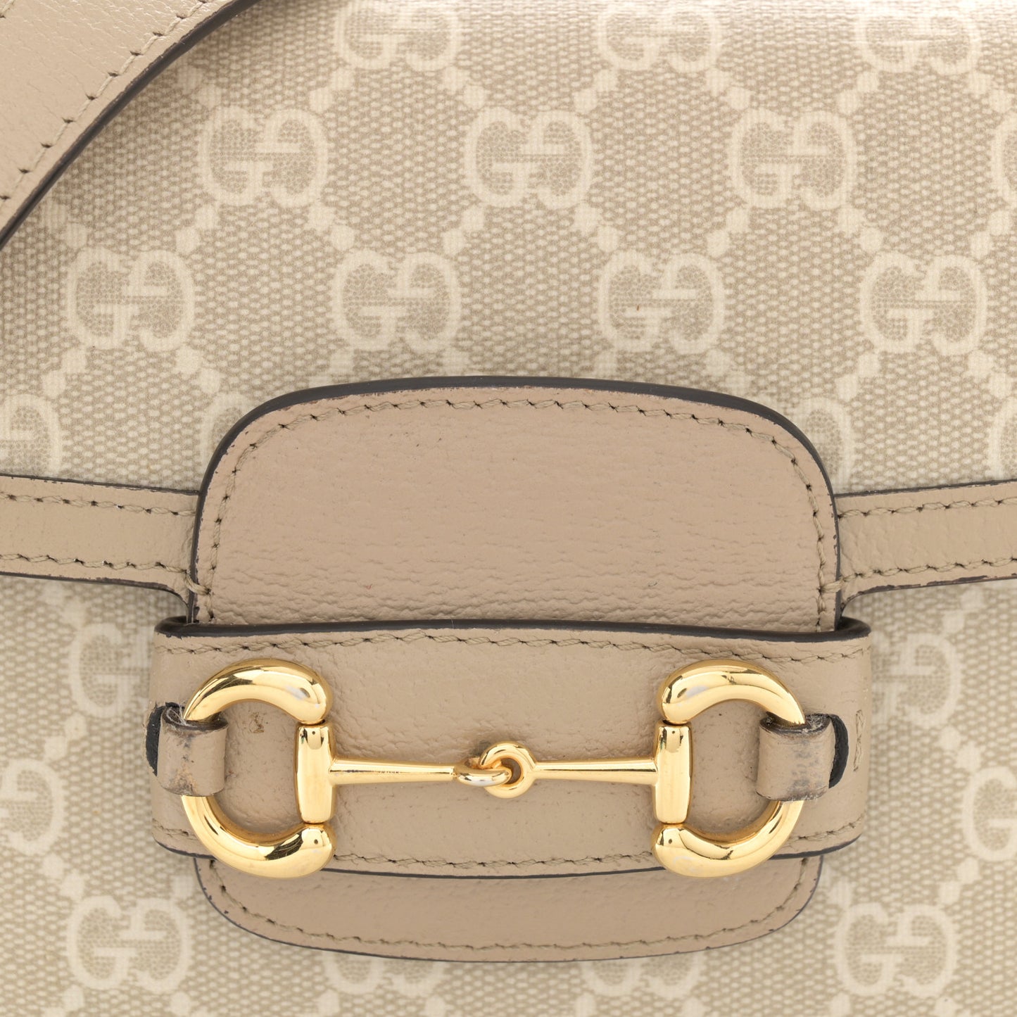 GG Supreme Monogram Textured Dollar Calfskin Web Mini Horsebit 1955 Shoulder Bag Beige Mystic White Oatmeal