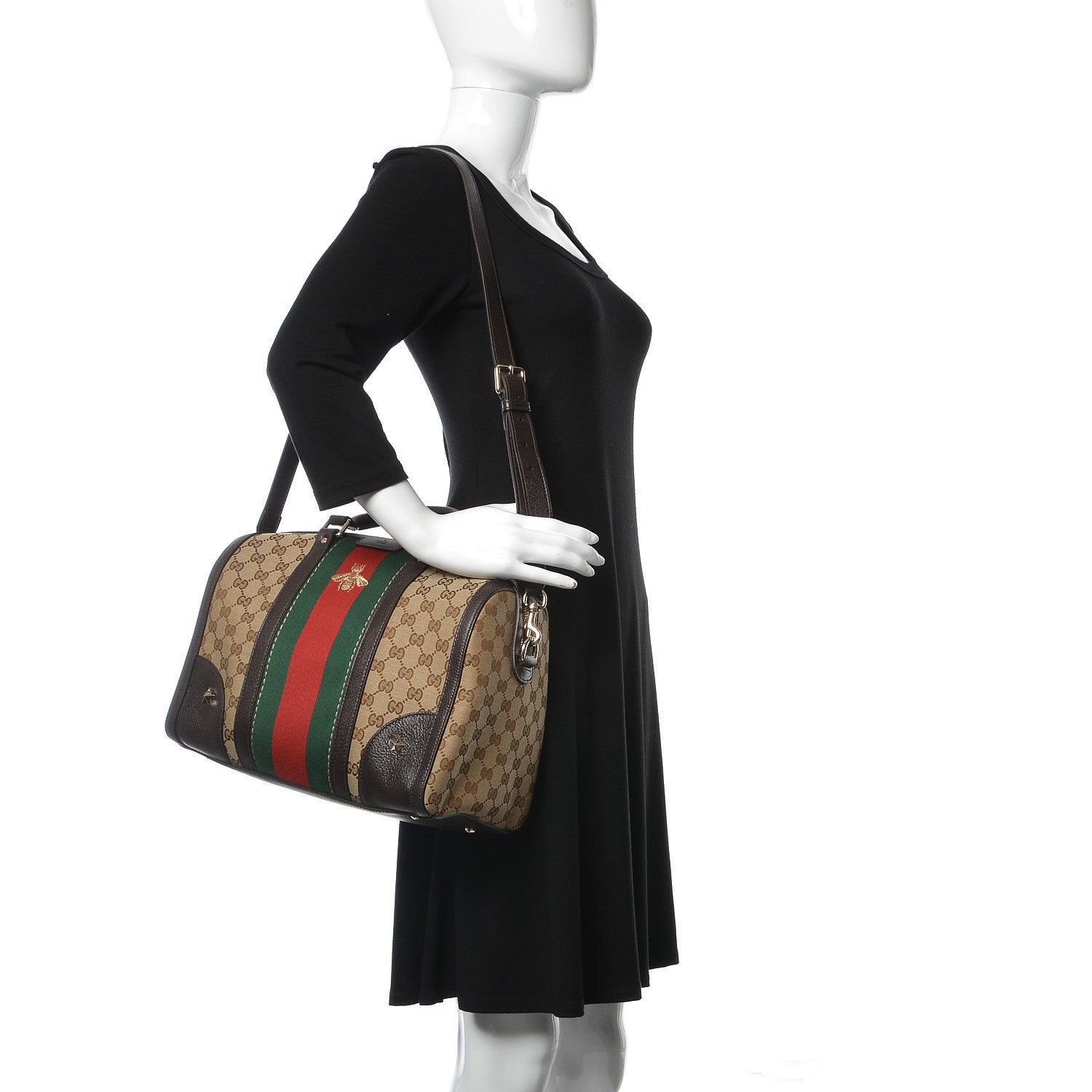 Gucci Monogram Vintage Web Medium Webby Bee Boston Dark Brown 2 of 13
