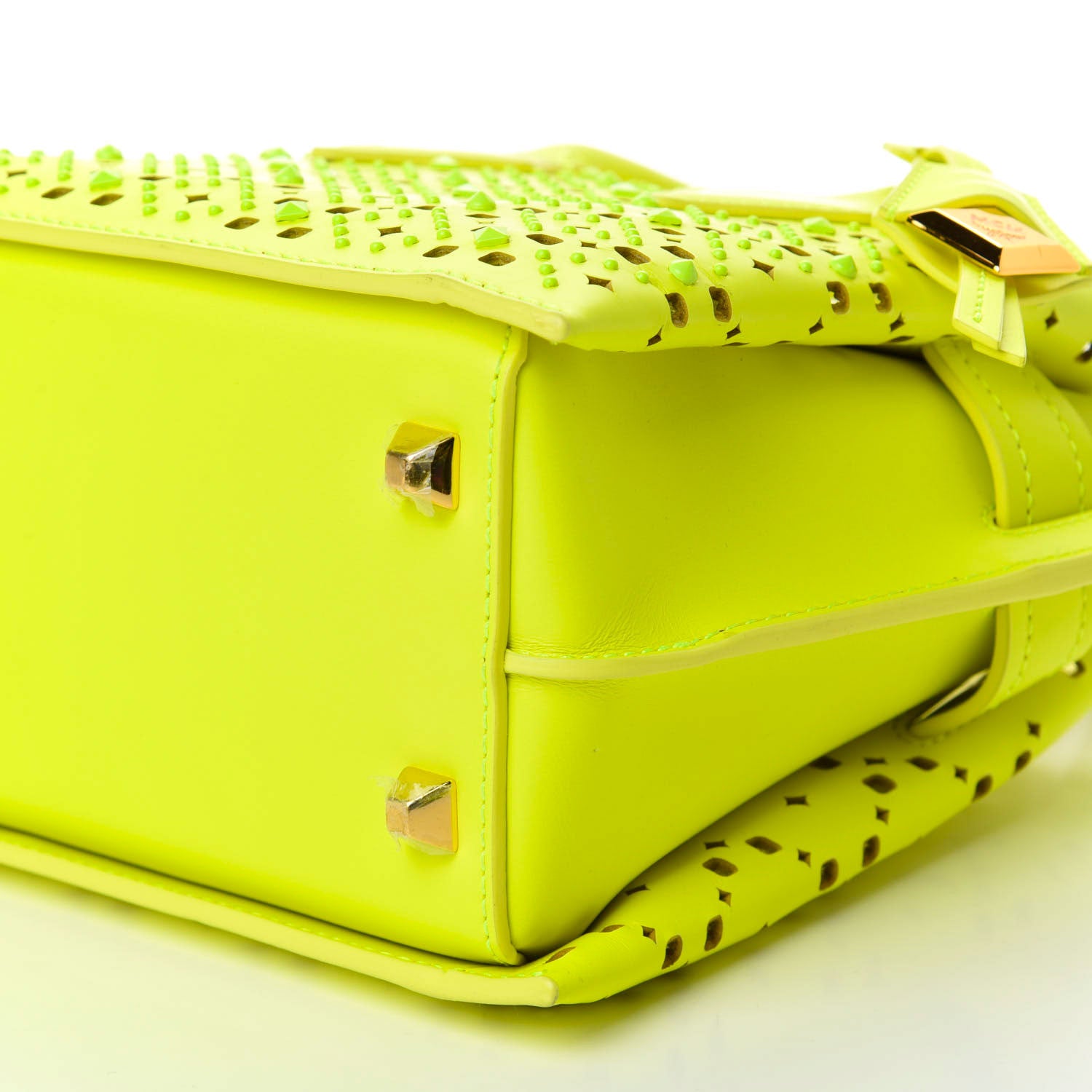 MCM Perforated Calfskin Studded Mini Milla Tote Neon Yellow 7 of 8
