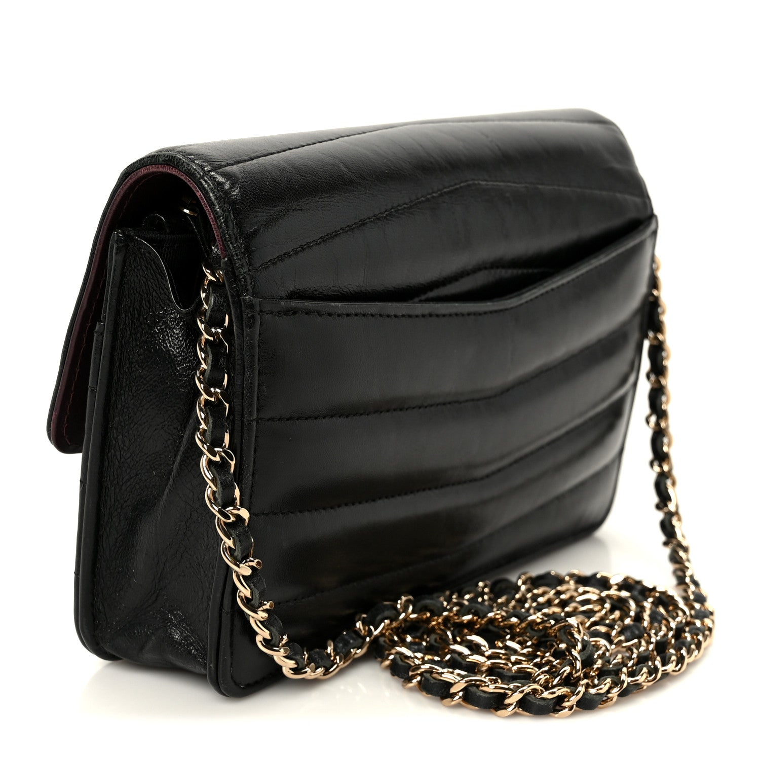 Chanel Lambskin Chevron Quilted Wallet On Chain WOC Black 3 of 11