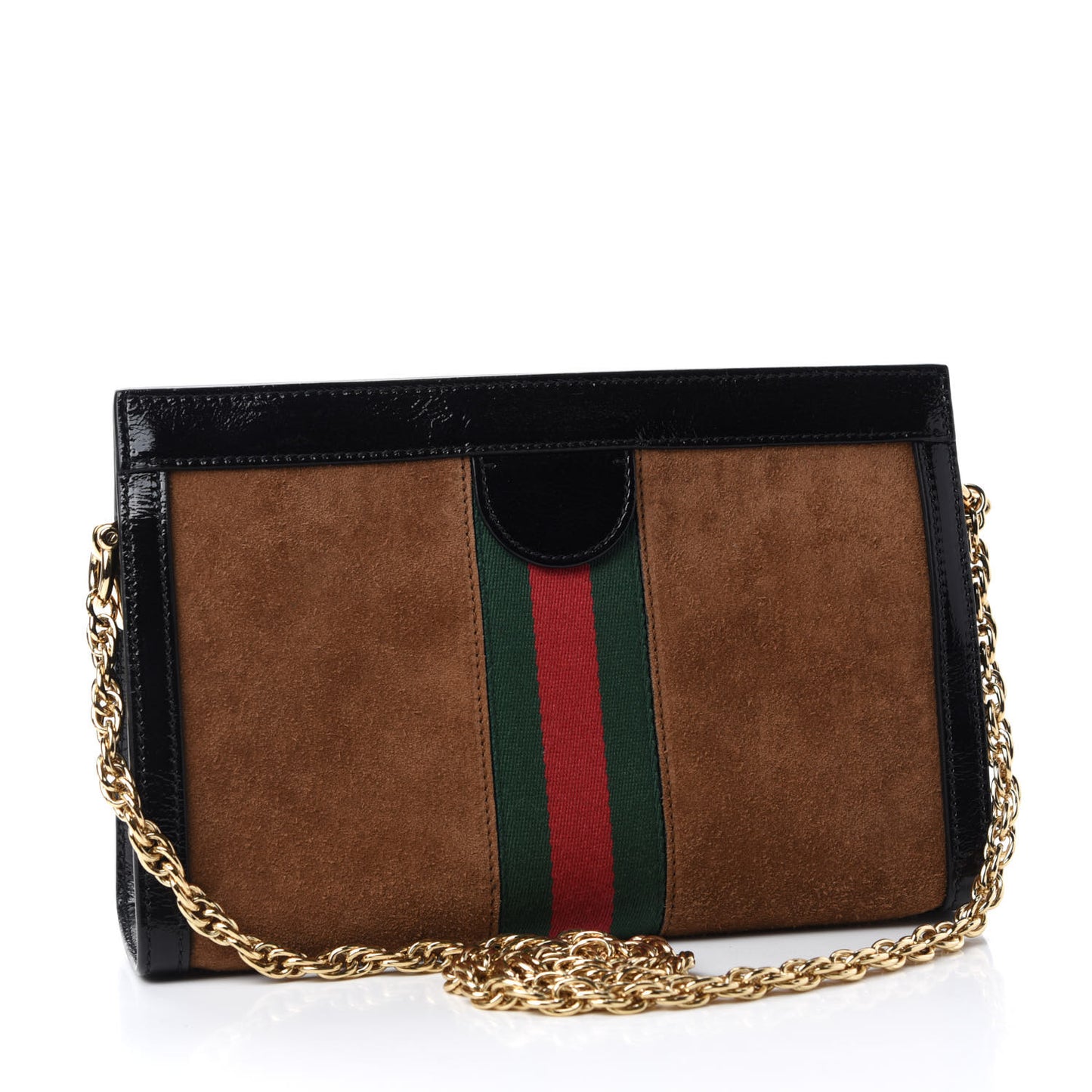 Suede Patent Web Small Ophidia Chain Shoulder Bag Nocciola Black