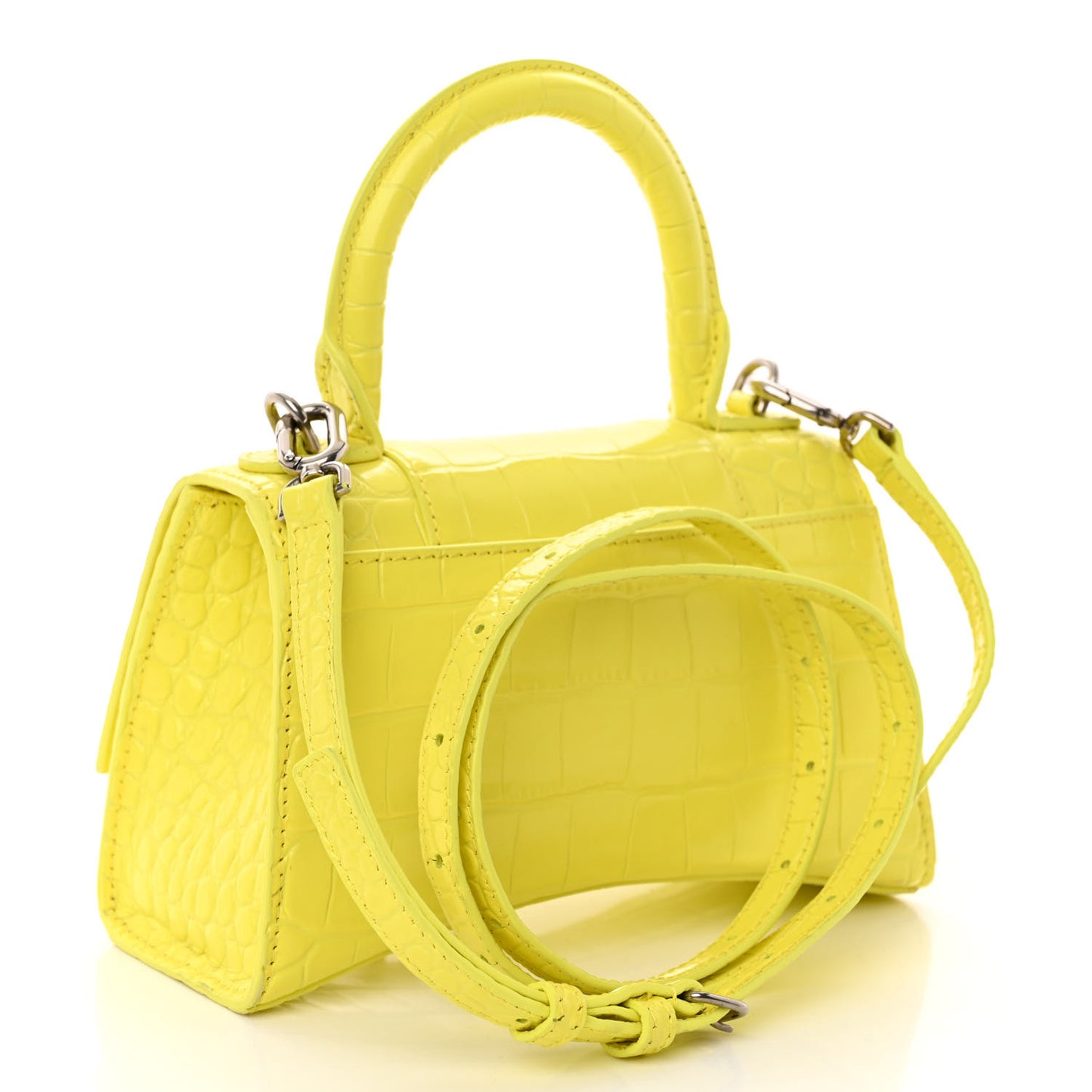 Shiny Calfskin Crocodile Embossed Hourglass Top Handle Bag XS Light Yellow