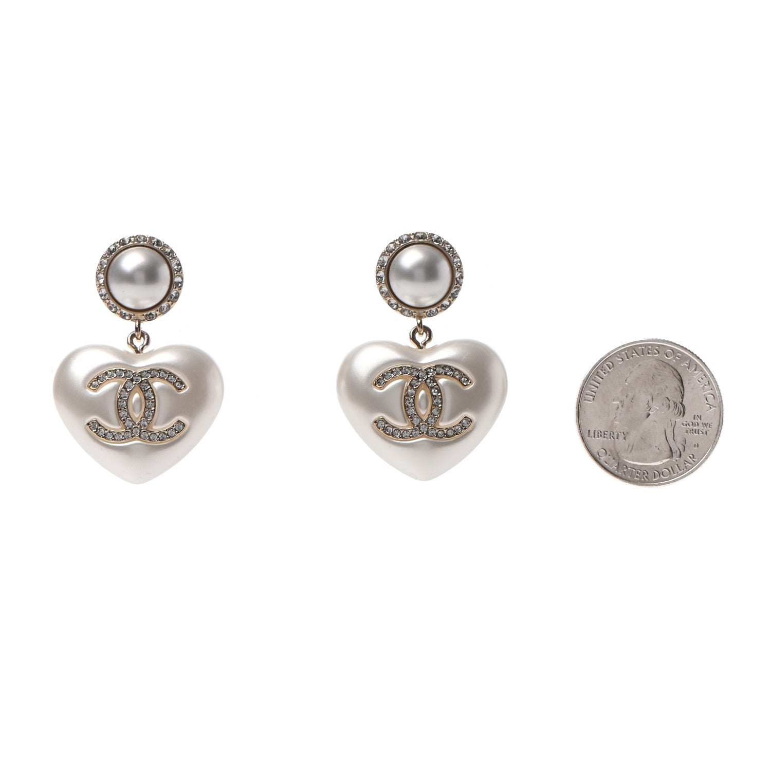 Chanel Pearl Crystal CC Heart Drop Earrings Gold 2 of 5