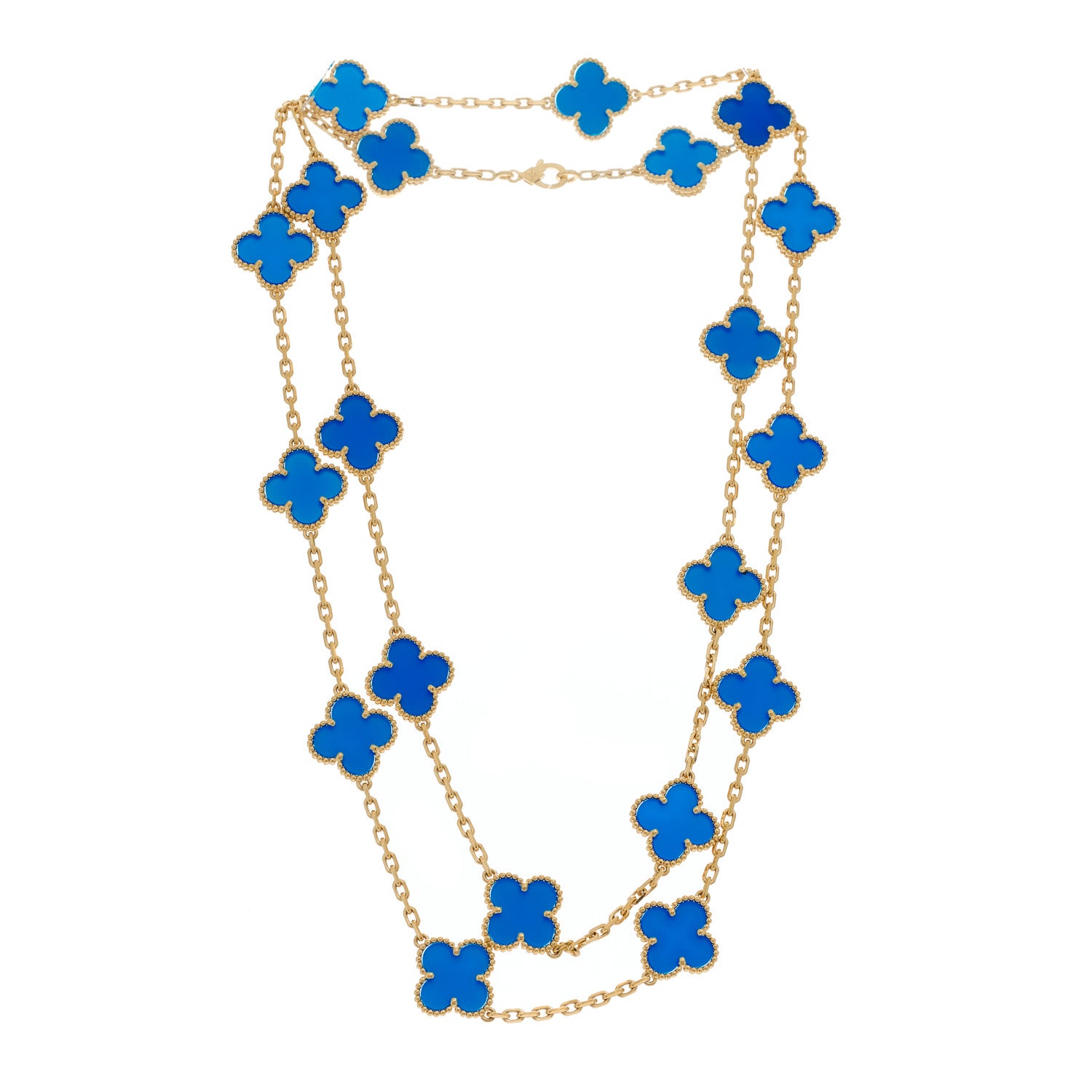 Van Cleef & Arpels 18K Yellow Gold Blue Agate 20 Motifs Vintage Alhambra Necklace 2 of 5