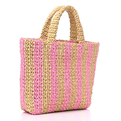 Prada Yarn Raffia Effect Crochet Striped Small Logo Tote Naturale Petalo 3 of 8