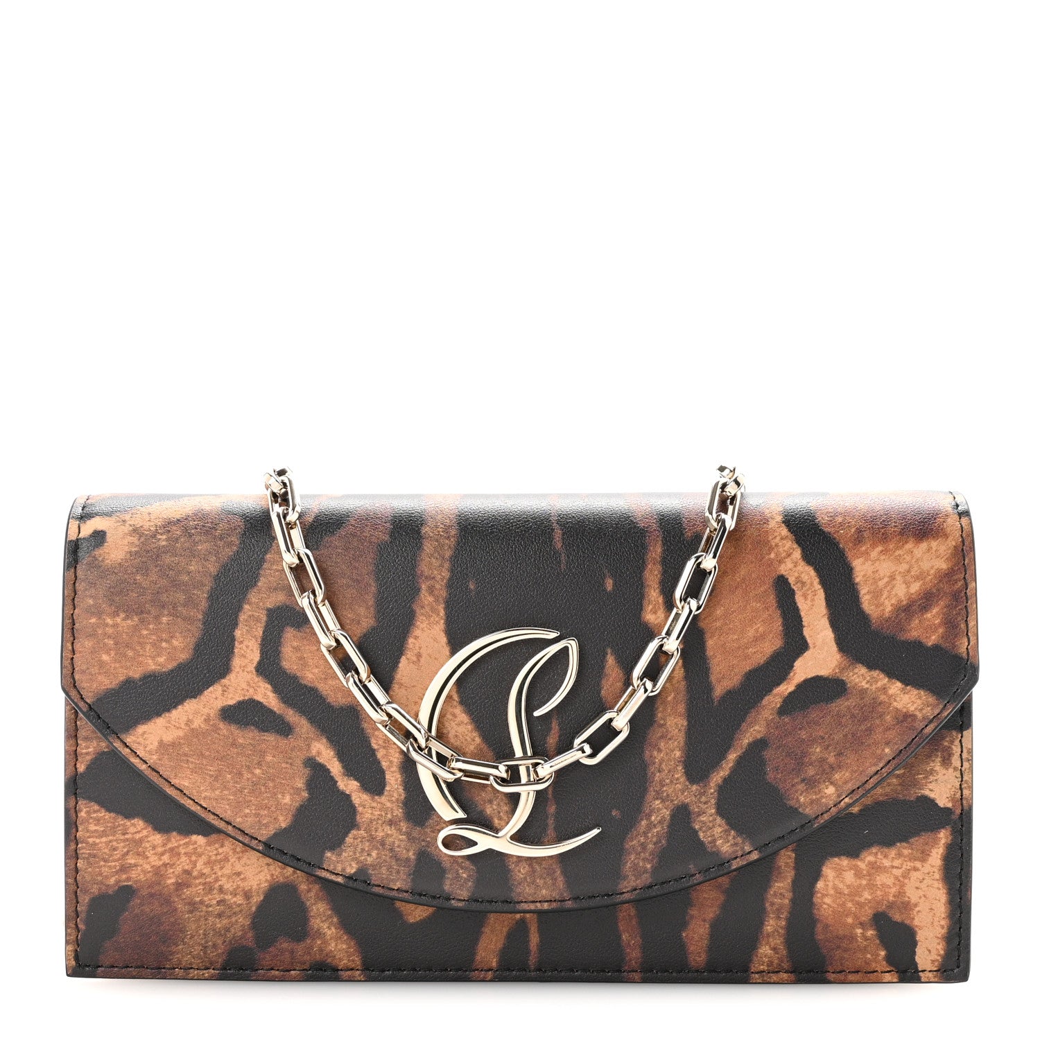 Christian Louboutin Calfskin Kitty Print Loubi54 Chain Clutch Brown Gold 1 of 10
