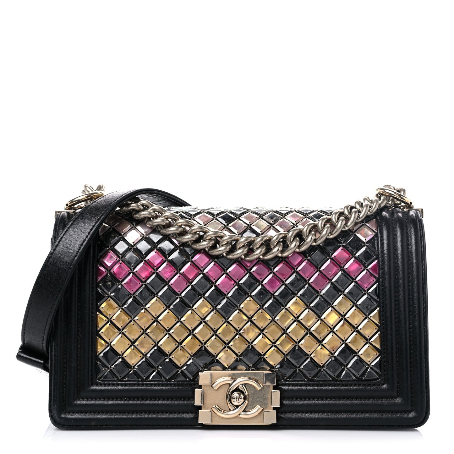 Lambskin Tile Embroidered Medium Brasserie Mosaic Boy Flap Black Multicolor