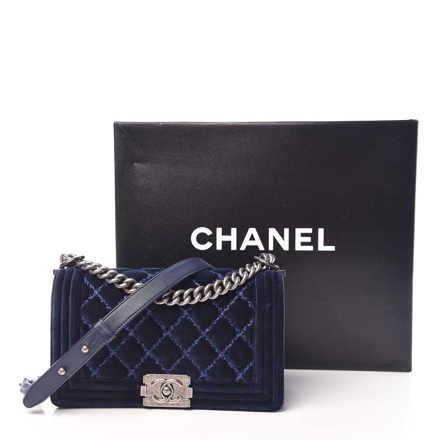 Velvet Tweed Quilted Medium Boy Flap Dark Navy Blue