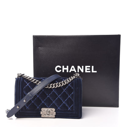 Chanel Velvet Tweed Quilted Medium Boy Flap Dark Navy Blue 11 of 11