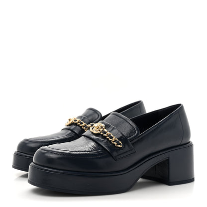 Chanel Shiny Calfskin Logo Platform  Loafers 36.5 Dark Blue 4 of 9