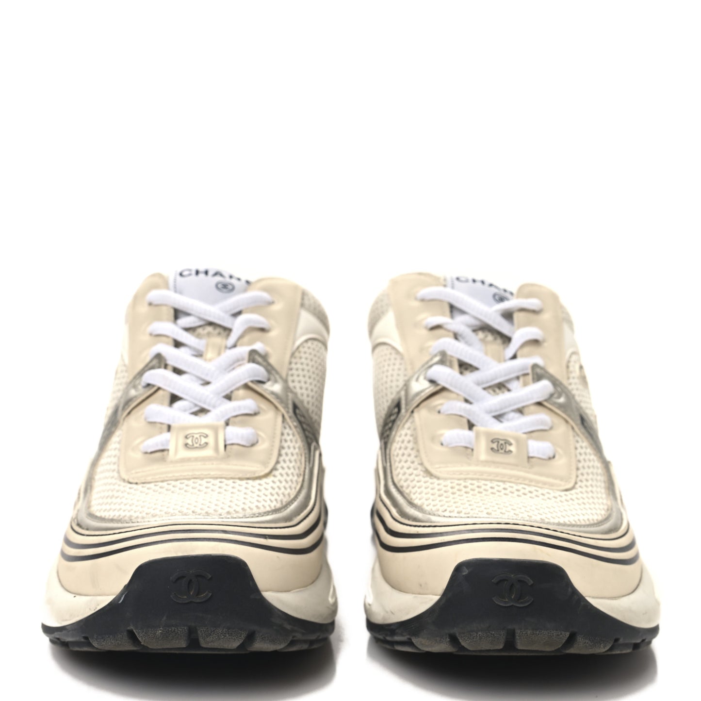 Fabric Laminated Calfskin Stretch CC Womens Sneakers 38 White Gold Silver