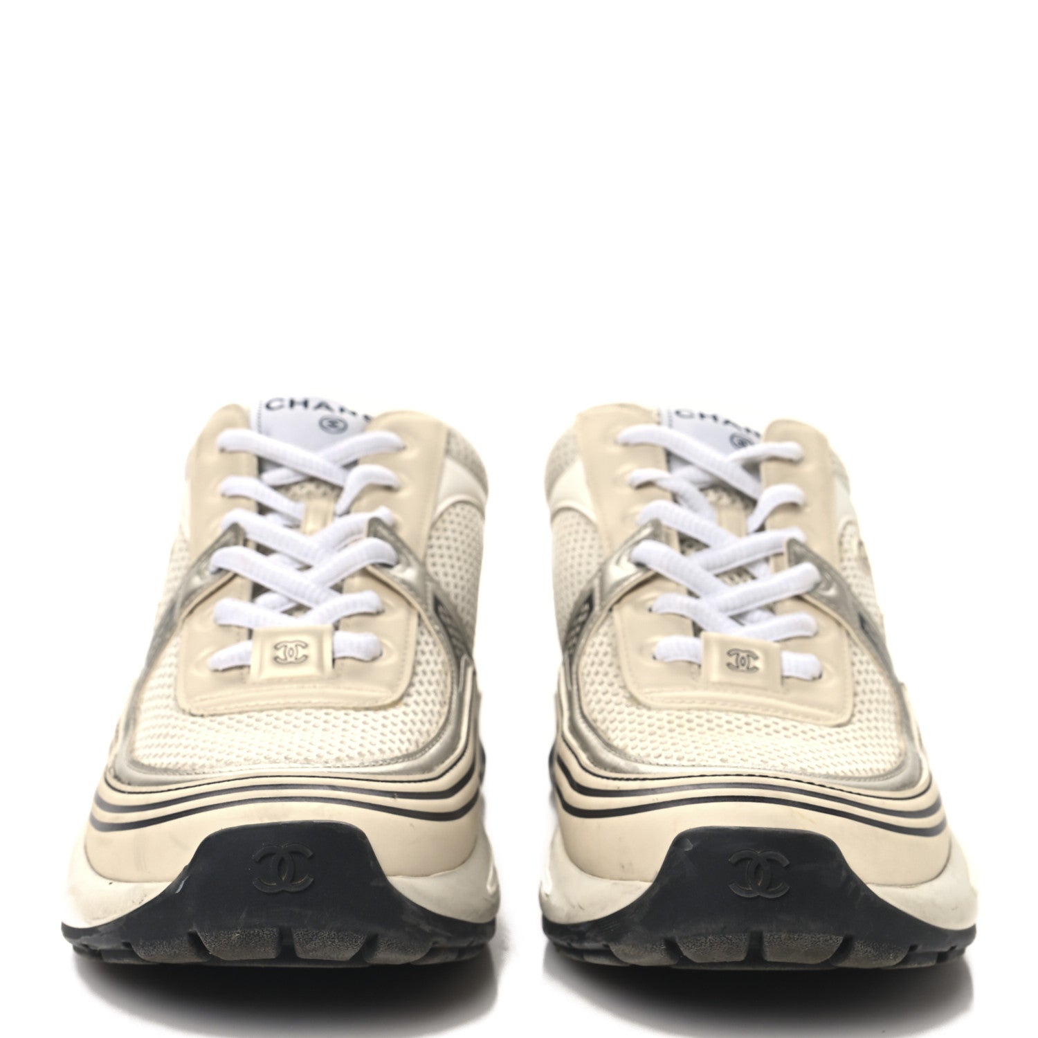 Chanel Fabric Laminated Calfskin Stretch CC Womens Sneakers 38 White Gold Silver 3 of 9
