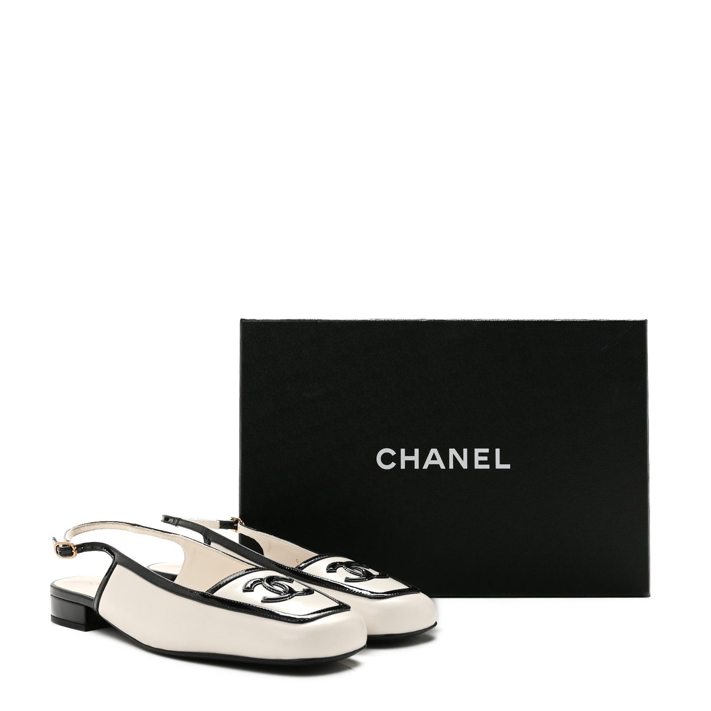 Lambskin Patent Calfskin CC Slingback Flats 37.5 White Black