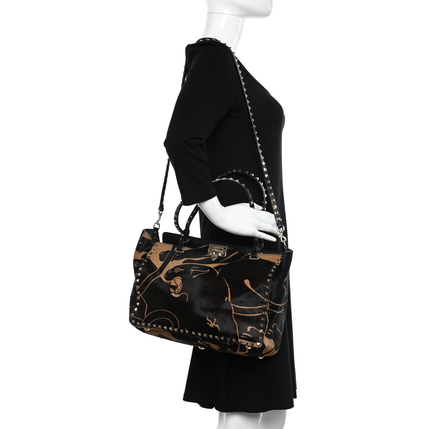 Calf Hair Jaguar Print Medium Rockstud Tote Beige Black