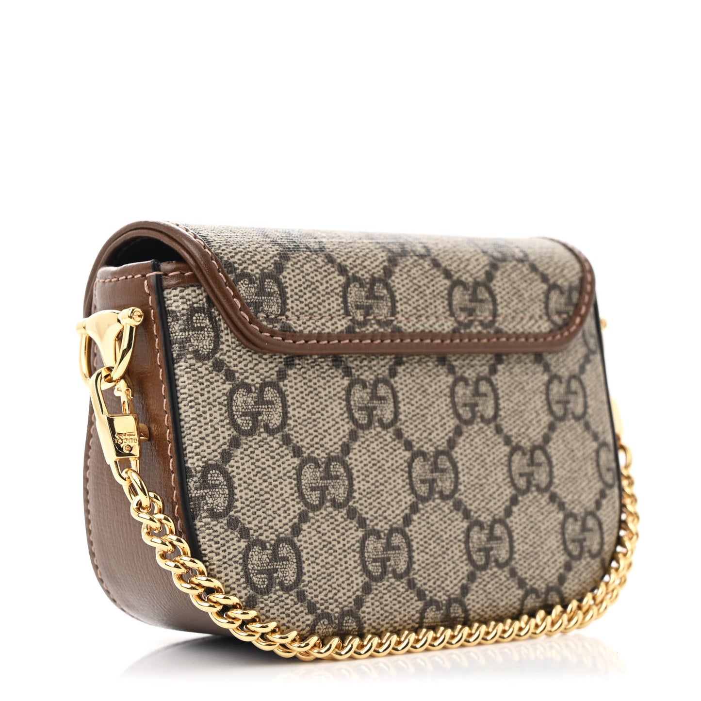 GG Supreme Monogram Azalea Calfskin Web Horsebit 1955 Wallet On Strap Beige Ebony Brown Sugar