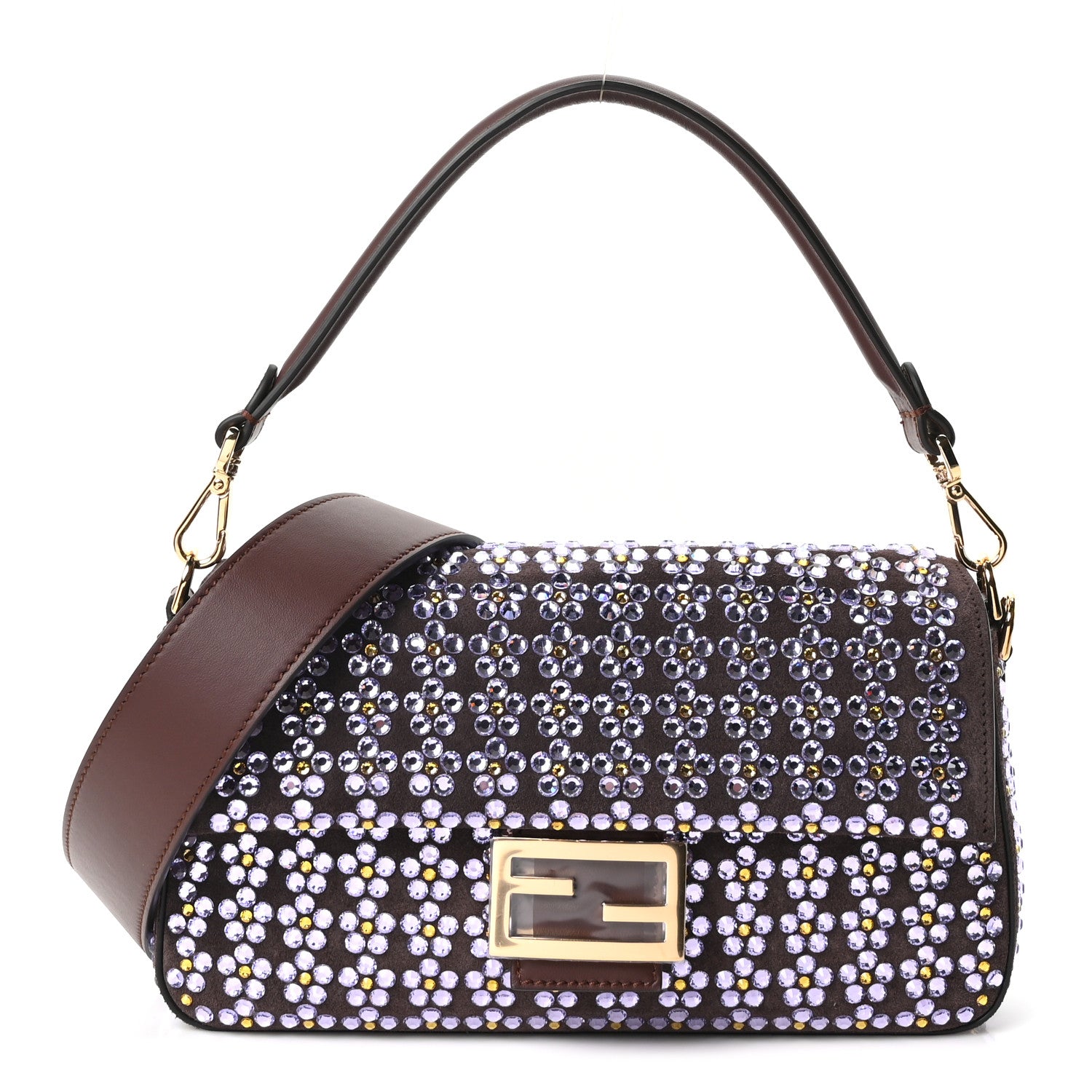 Fendi Suede Blooming Crystal Floral Baguette Mogano Anemone 1 of 11