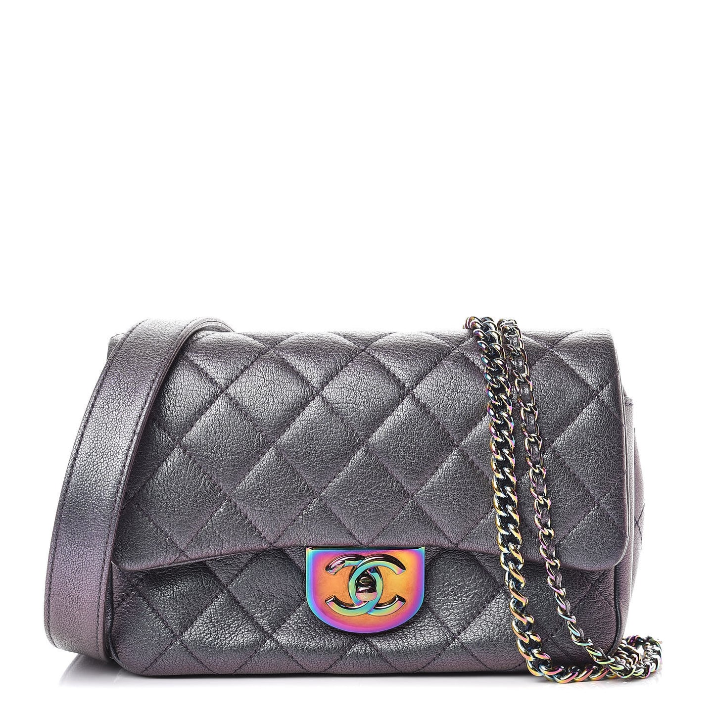 Iridescent Goatskin Quilted Small Double Carry Waist Chain Flap Purple