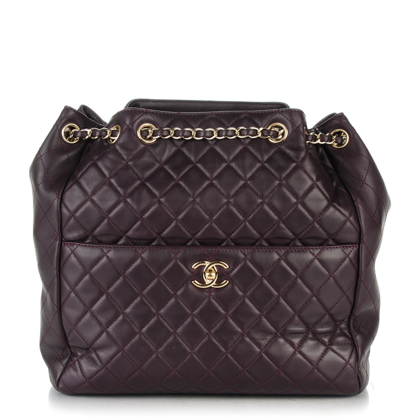 Lambskin Quilted Large Drawstring Shoulder Bag Dark Purple