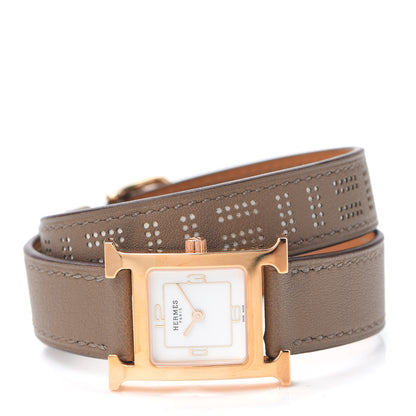 Hermes Stainless Steel Swift 21mm Heure H Hour Perforated Double Tour Quartz Watch Etoupe 2 of 5