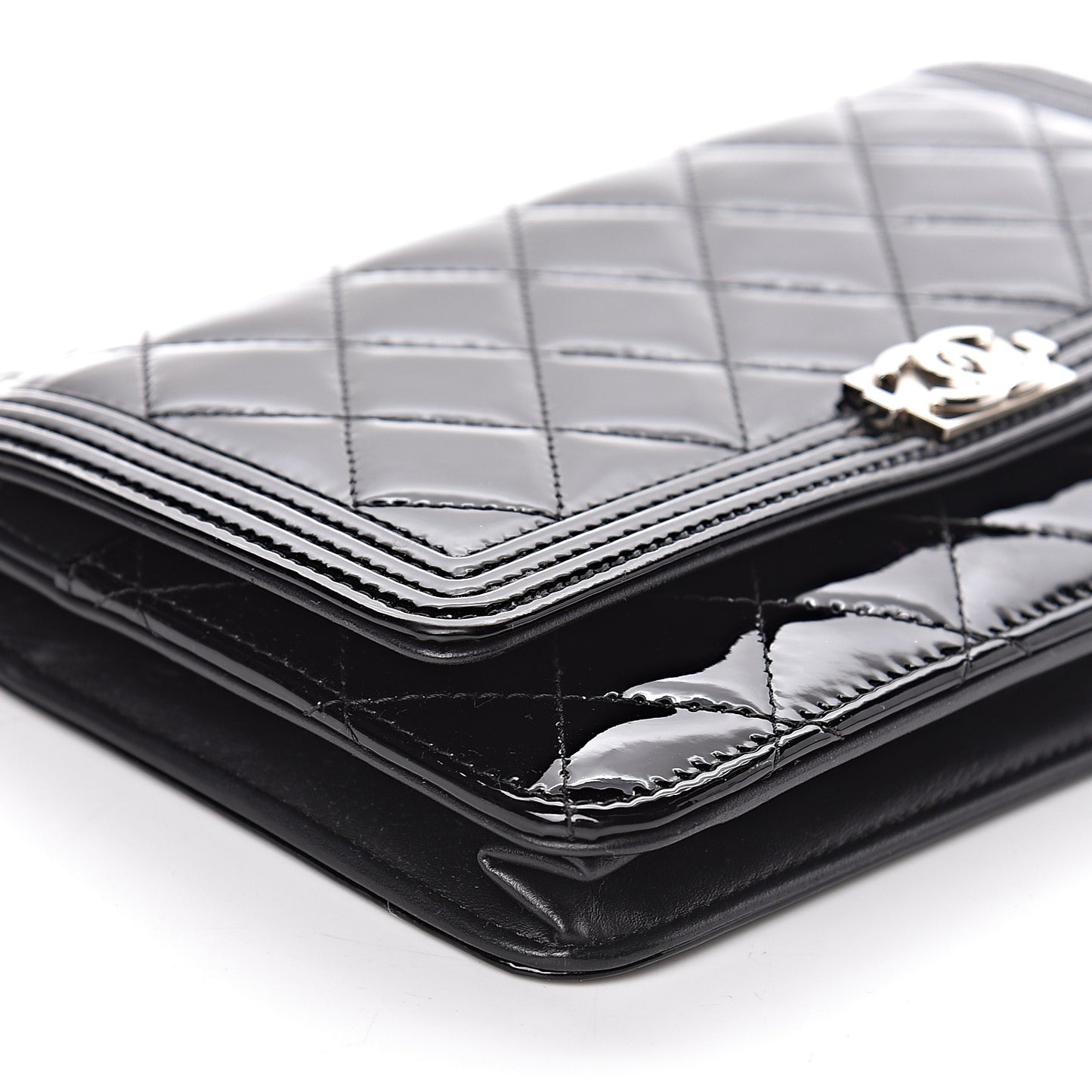 Patent Calfskin Quilted Boy Wallet On Chain WOC Black