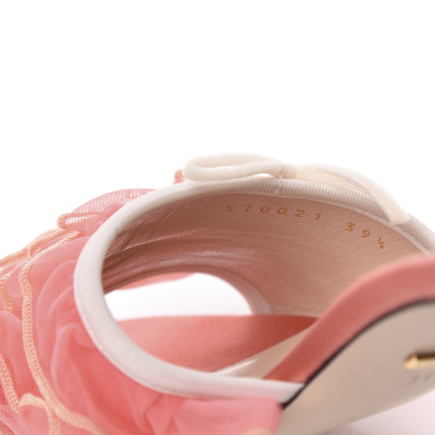 Tulle Ruffle Low Heel Slide Sandals 39.5 Peach White