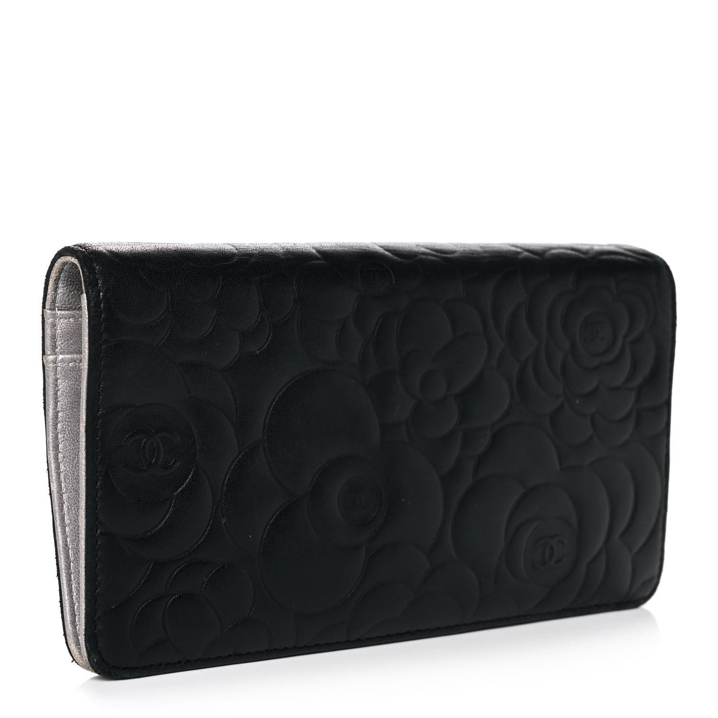 Lambskin Camellia Embossed Yen Wallet Black