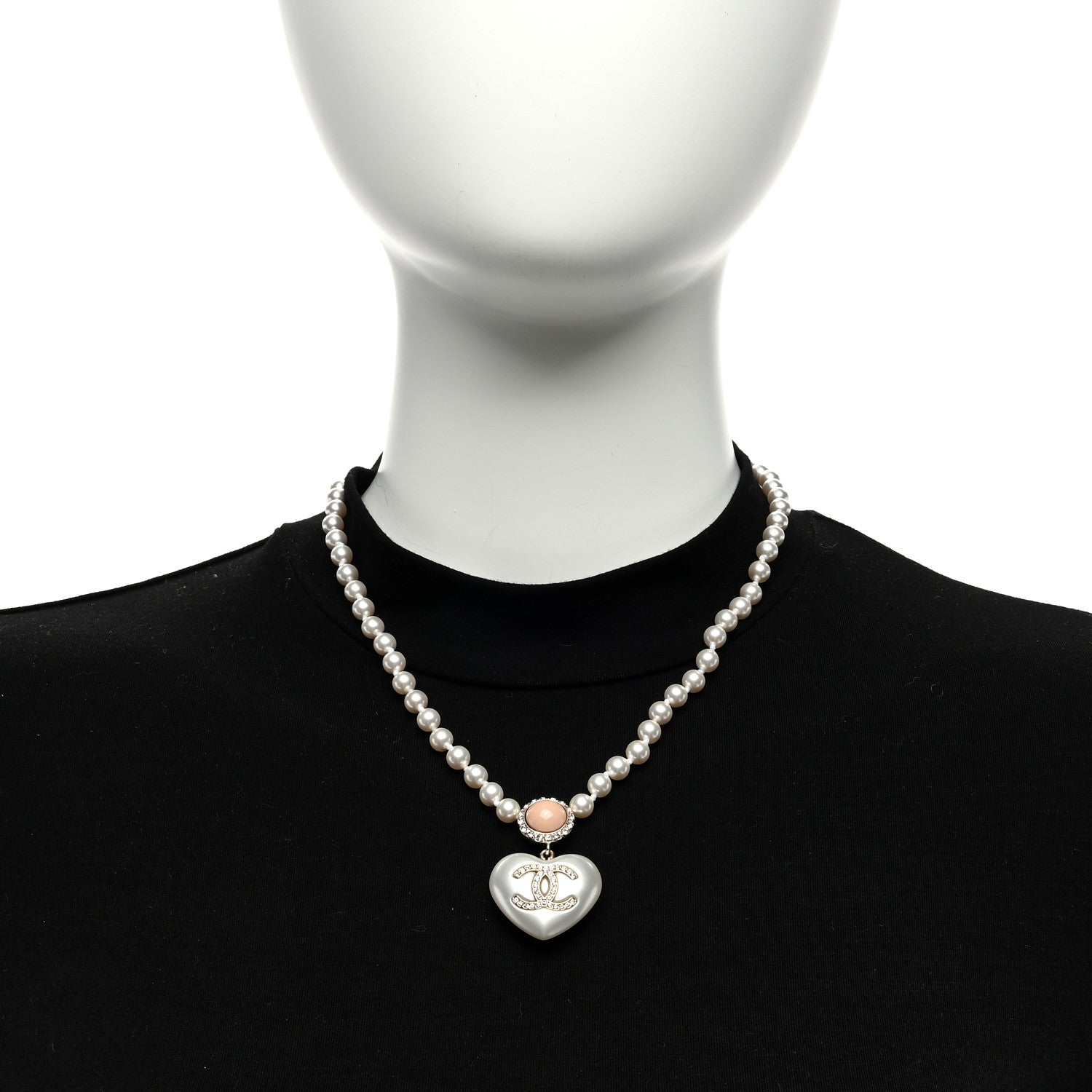 Chanel Pearl Crystal CC Heart Short Necklace Gold Pearly White Pink 5 of 5