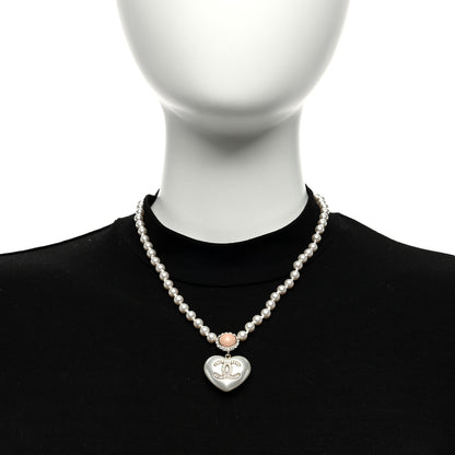 Chanel Pearl Crystal CC Heart Short Necklace Gold Pearly White Pink 5 of 5